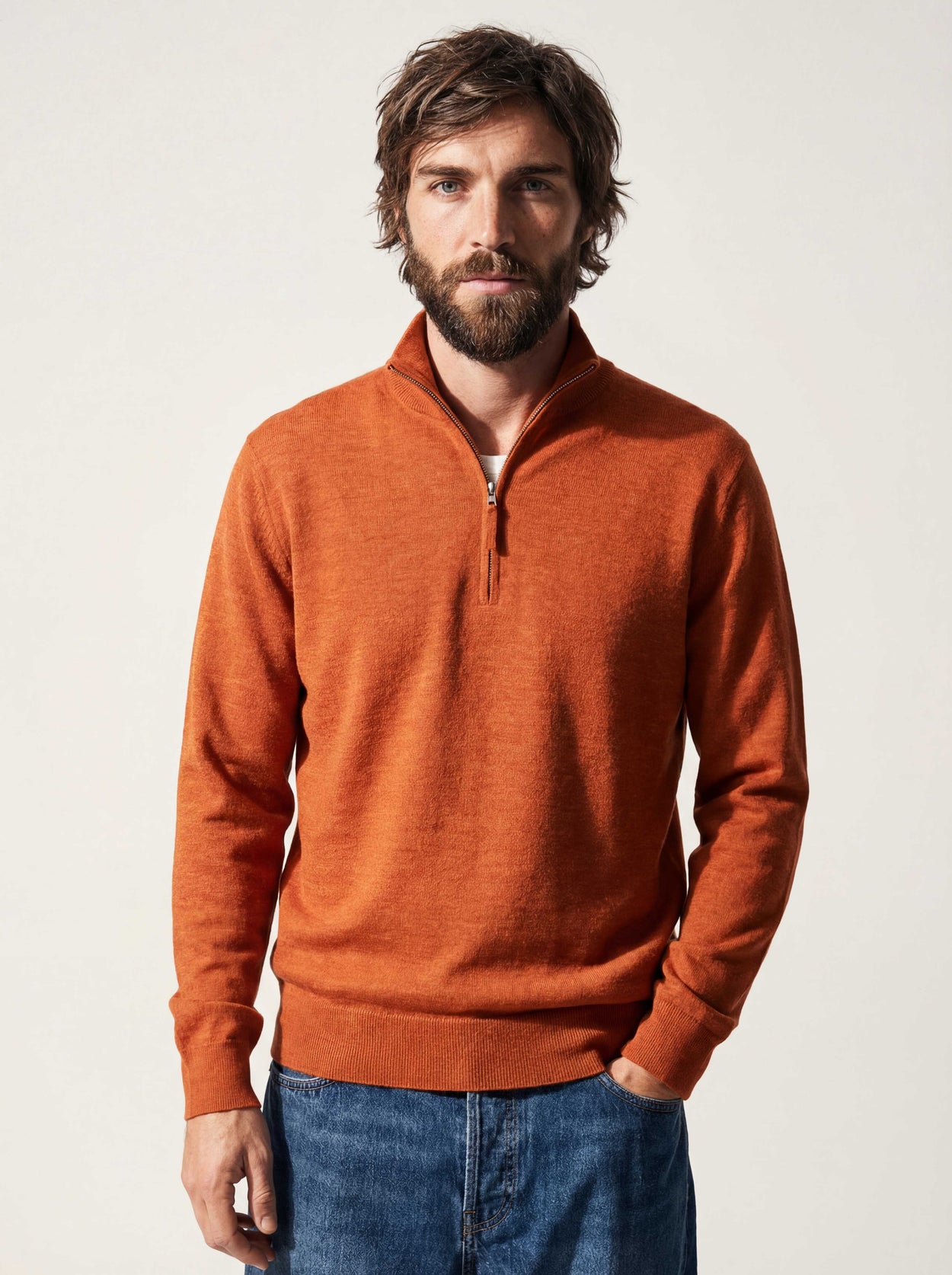 The Knitted Quarter Zip Burnt Orange Male Image