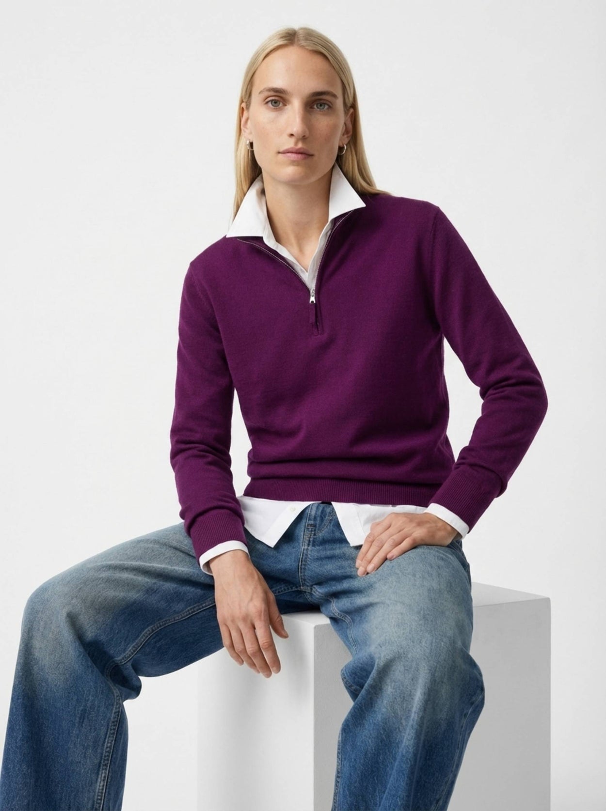The Knitted Quarter Zip Jumper Royal Purple Female Image