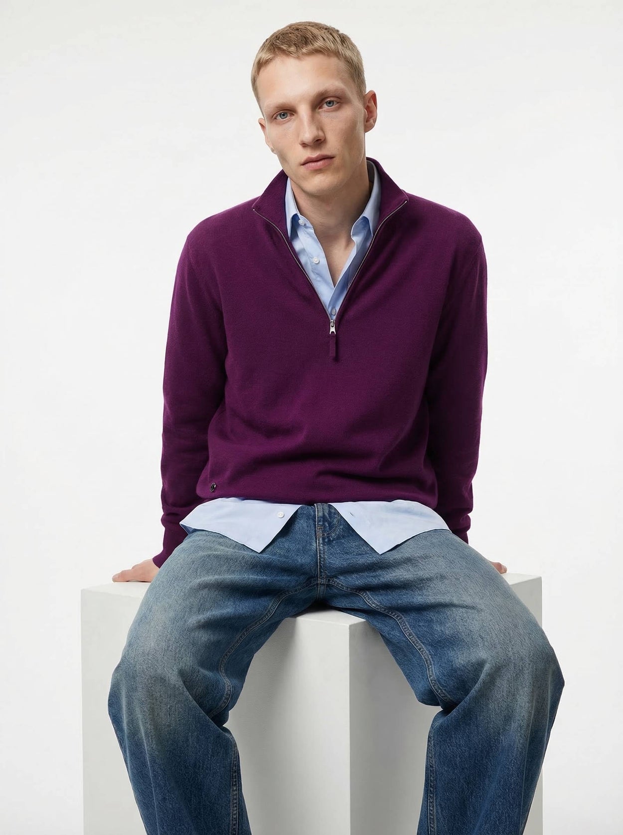 The Knitted Quarter Zip Jumper Royal Purple Male Image