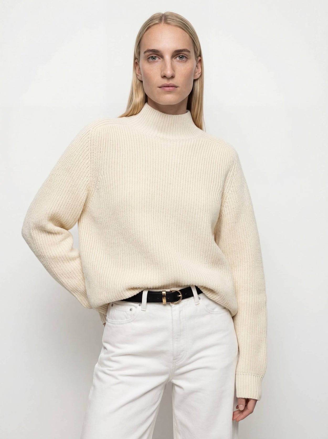 The Soft-Knit High Neck Raw White Female Image