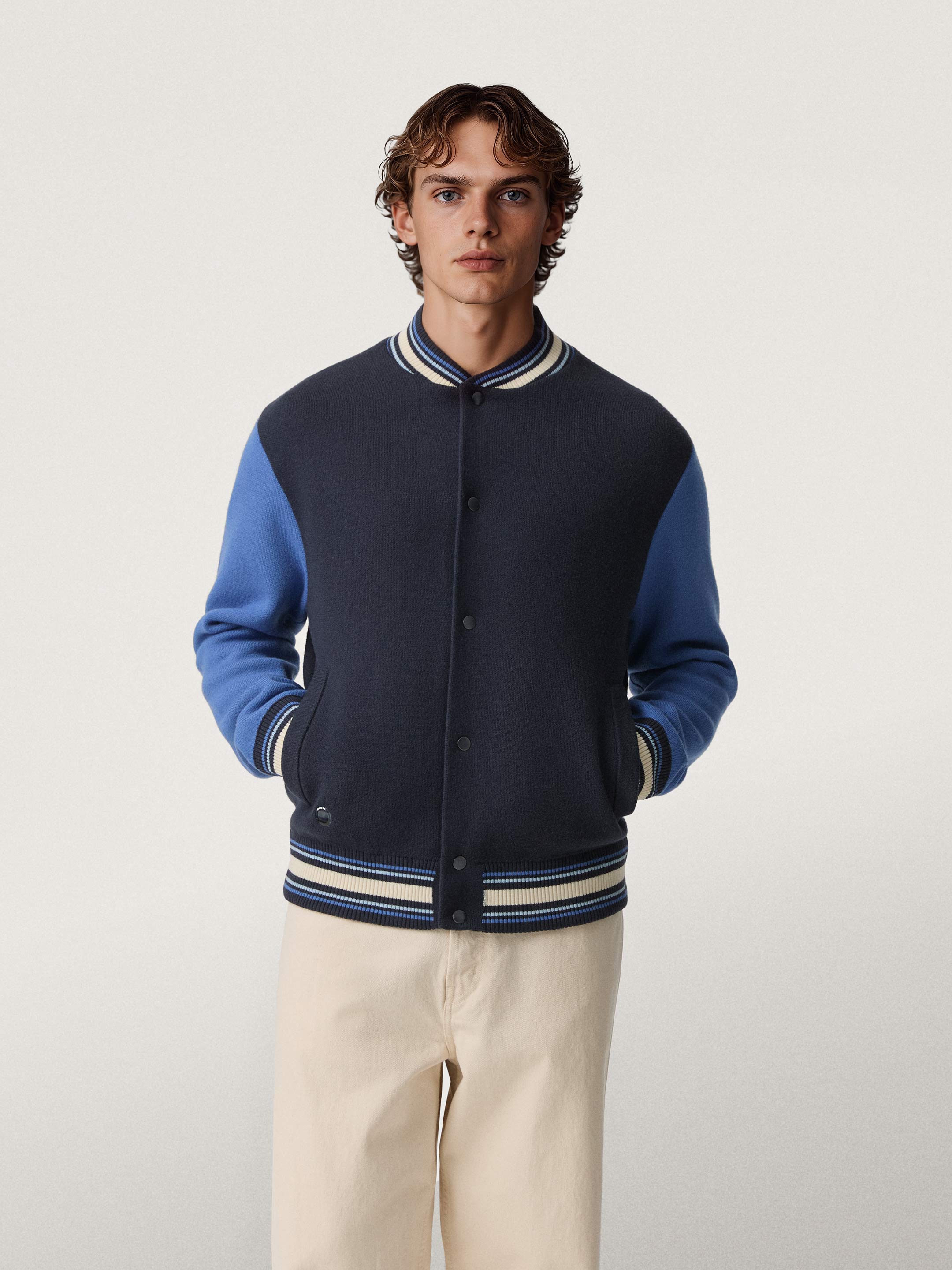 Blue knitted varsity jacket men s women s sheep inc