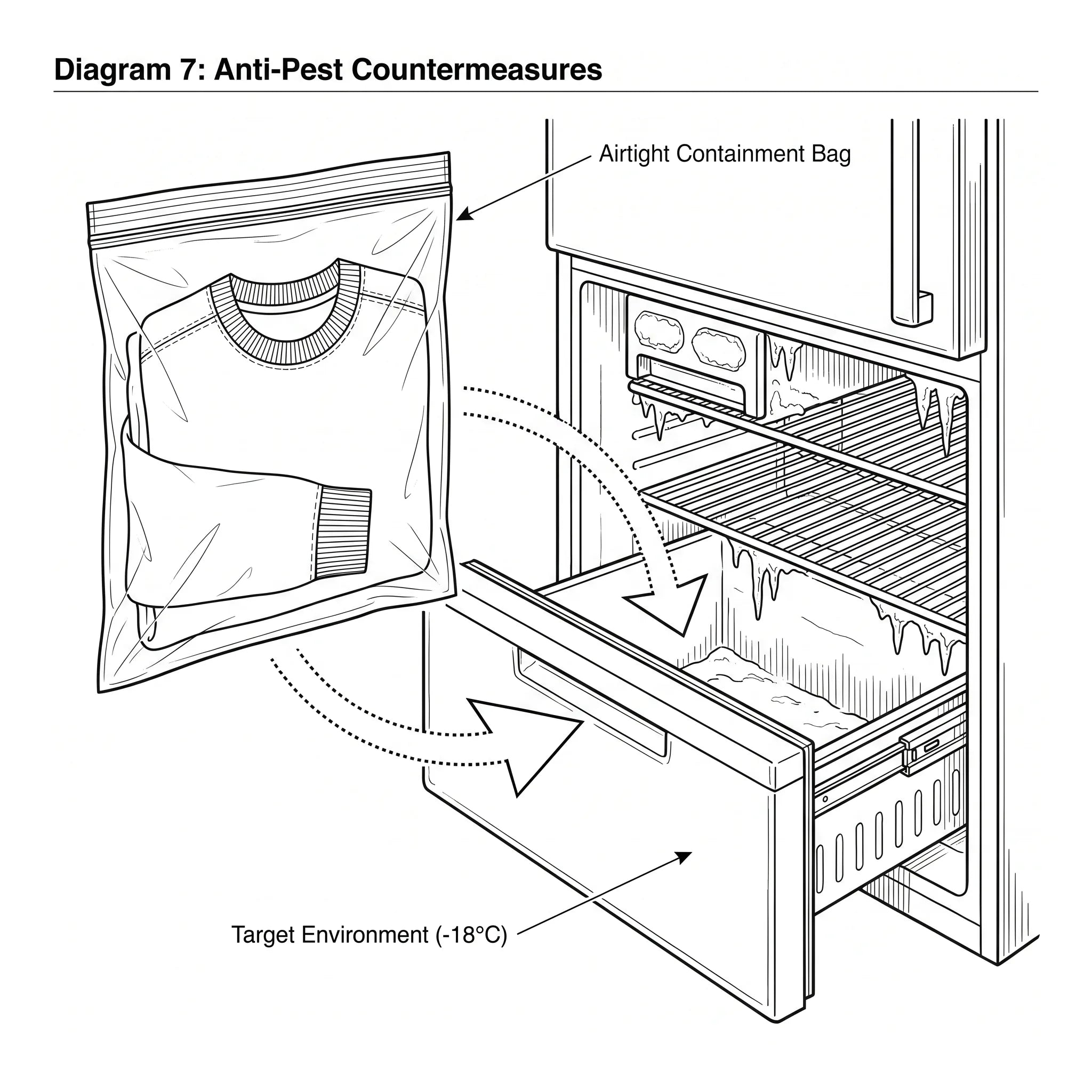 Anti-pest countermeasure — garment sealed in an airtight bag placed into a domestic freezer at -18°C