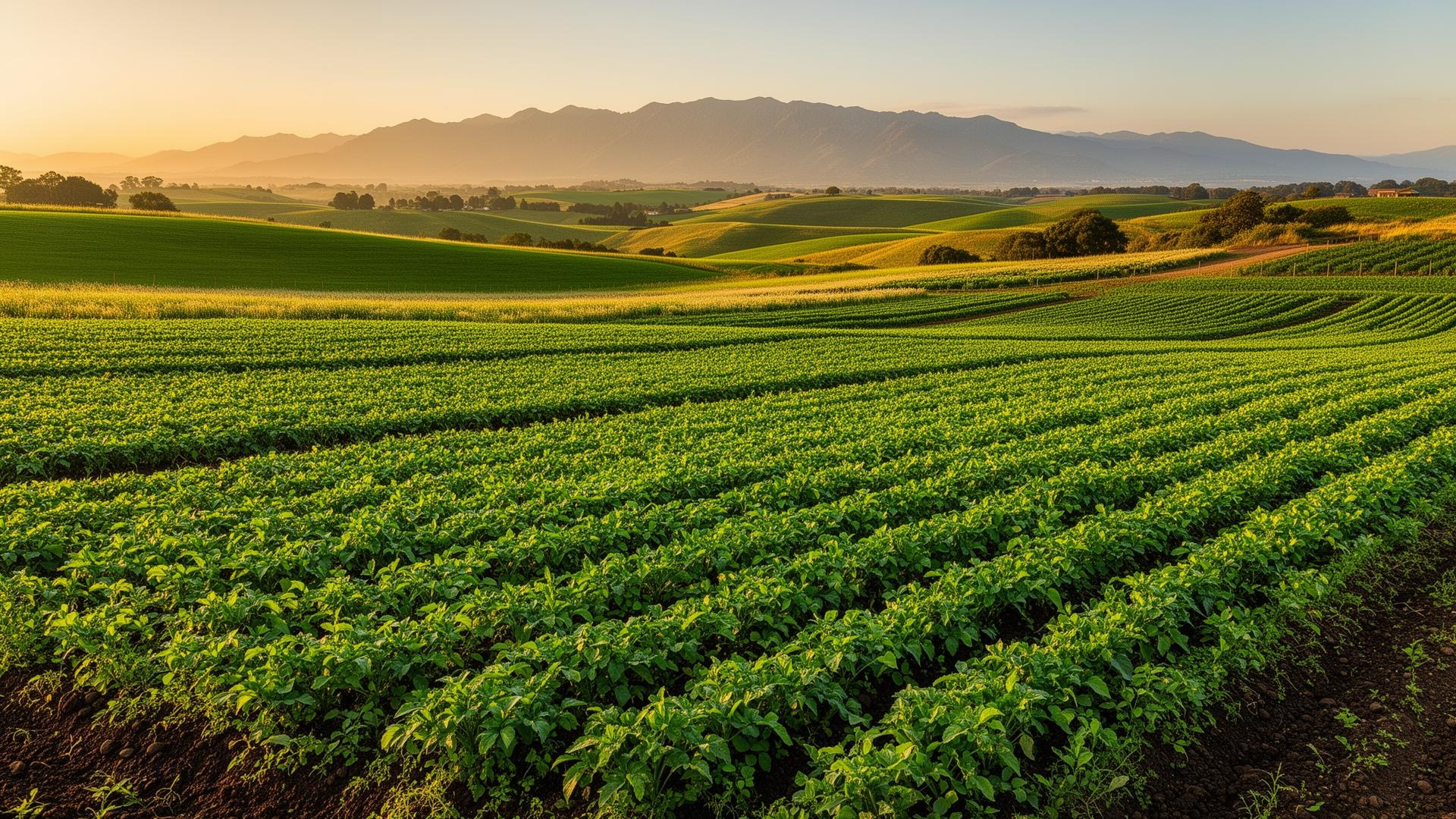 Lush regenerative farmland at golden hour