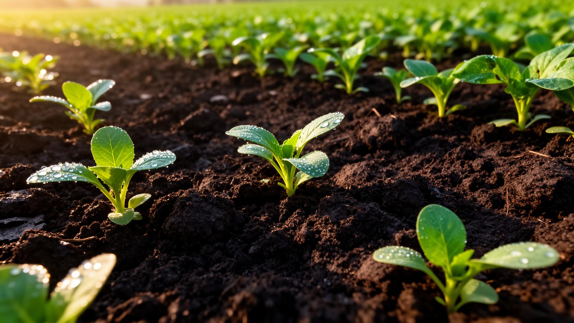 Rich dark soil with young seedlings emerging