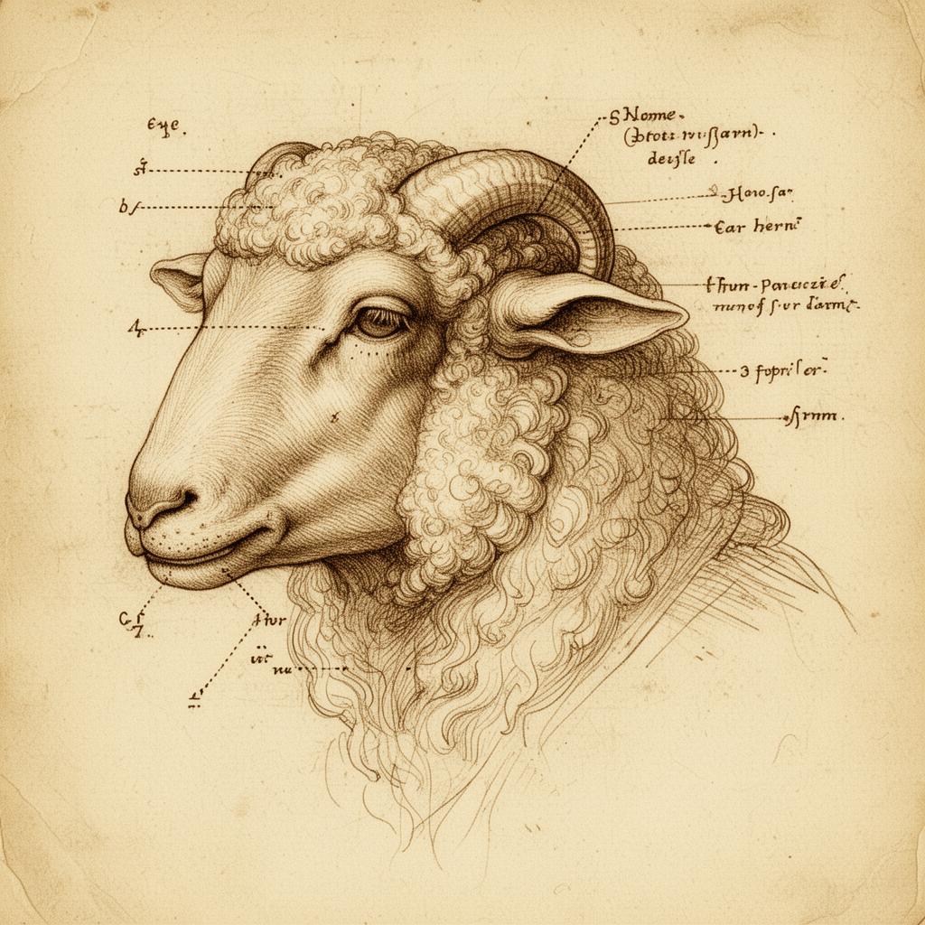 Anatomical ink drawing of a sheep's head showing eye, ear, and horn structure