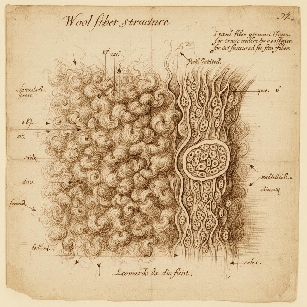 Detailed ink drawing of wool fiber structure