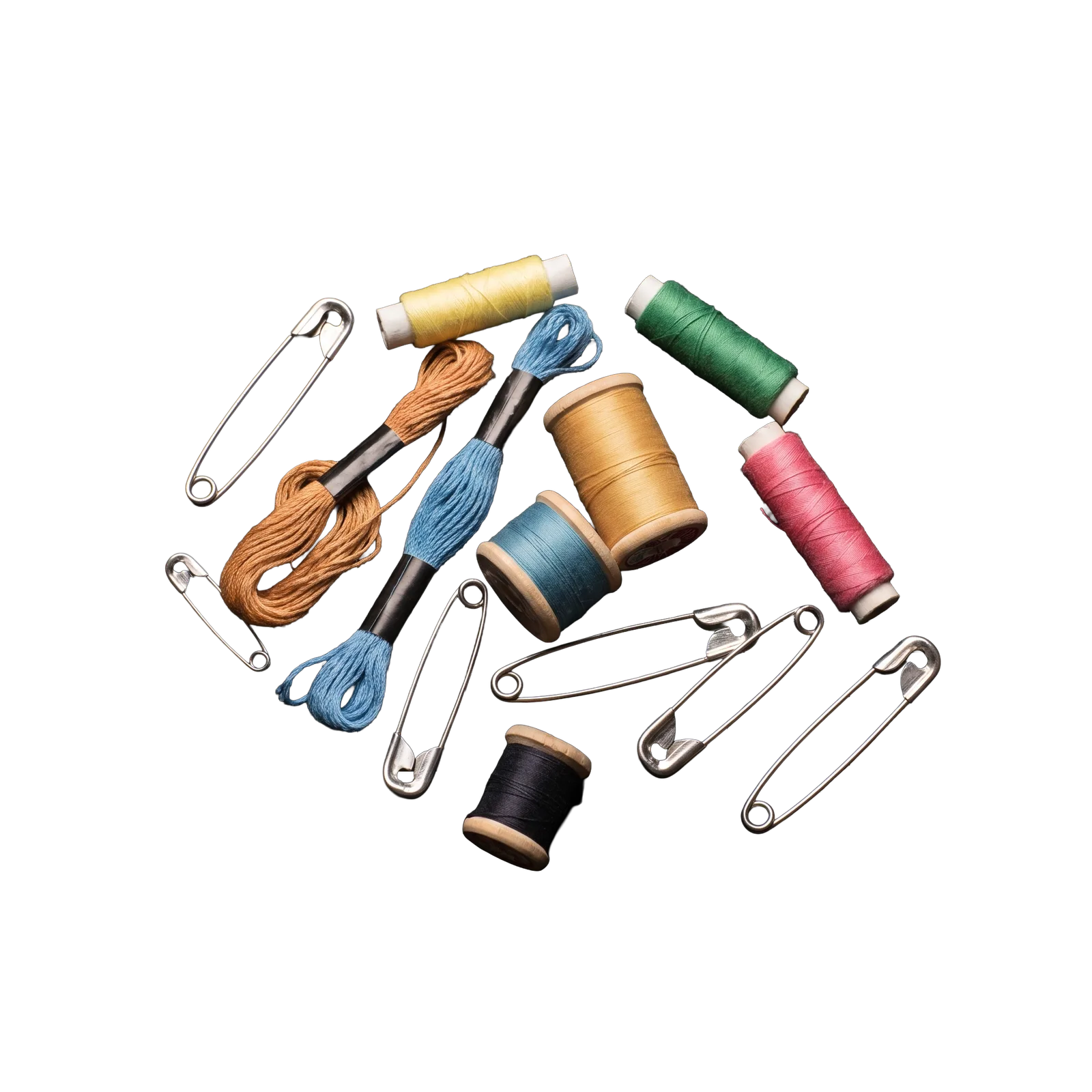 Safety pins, embroidery floss and thread spools