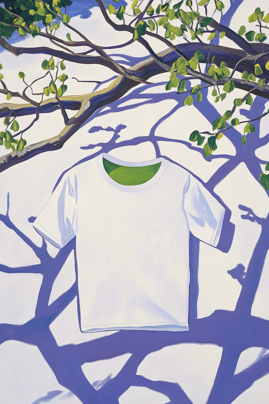 Illustrated landscape with clothes drying on a tree in the breeze